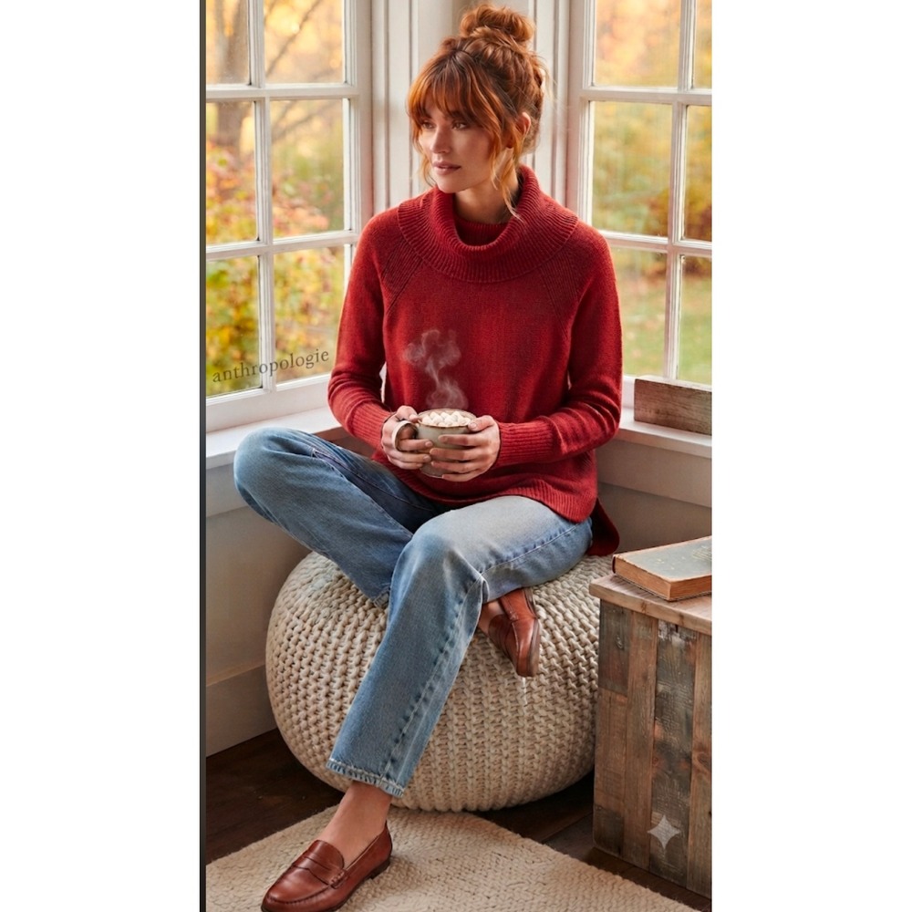 Anthropologie Cowl Neck Raglan Sweater Rust Red Knit High Low Hem Size L